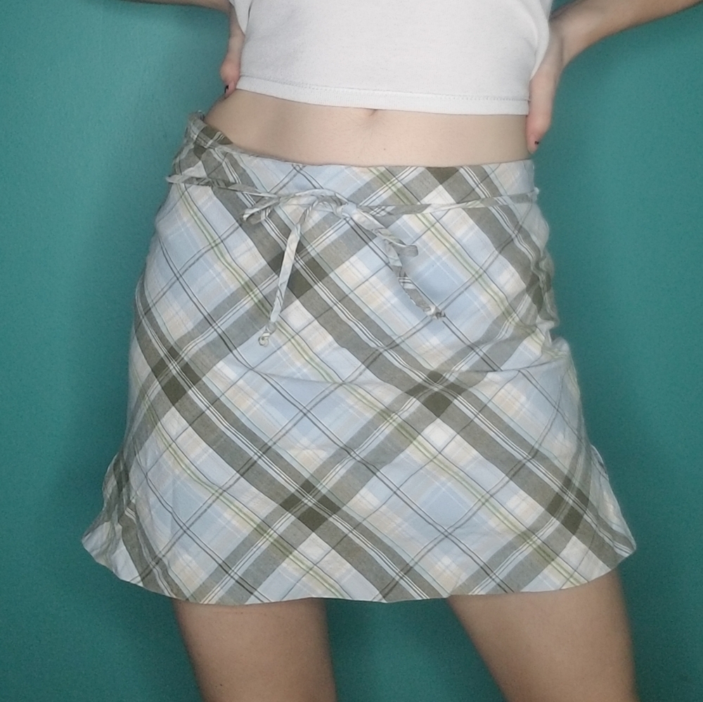 Plaid A Line Green, White, and blue mini skirt